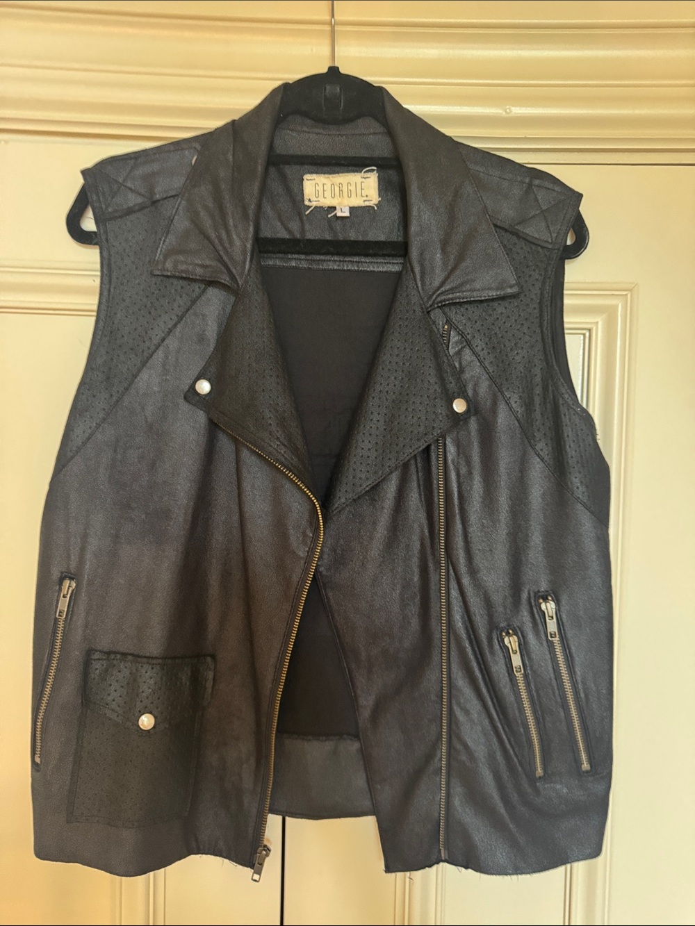 Georgie Black Faux Leather Vest with Zip Detail